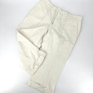 Old Navy Ivory Linen Stretch Cropped Cuffed Pants Wide Leg Drawstring Waist 12